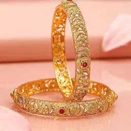 Rubans Set of 2 22K Gold-Plated Ruby Pink Stone & Floral Design Traditional Bangles-13