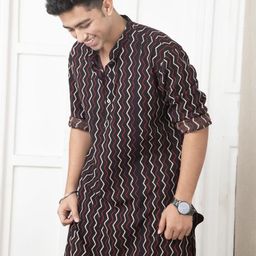 Tanoti Chevron Printed Thread Work Mandarin Collar Straight Kurta-image-13