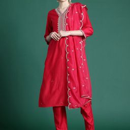 Indo Era Women Floral Embroidered Regular Liva Kurta with Trousers & With Dupatta-image-47