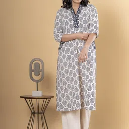 Readiprint Floral Printed V-Neck Thread Work Cotton Flex Straight Kurta With Trousers-picture-35