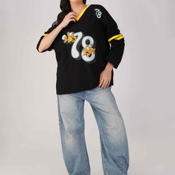 THE CLOTHING FACTORY Women Typography V-Neck Extended Sleeves Applique T-shirt-image-50
