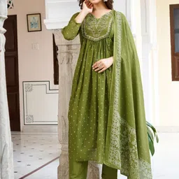 PARNAVI Women Bhumi Embroidered Thread Work Pure Cotton Kurta with Trousers & Dupatta-14