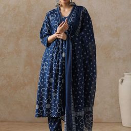 Moara Bandhani Printed V-Neck Mirror Work Pure Cotton Kurta With Trousers And Dupatta-31