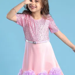 Hola Bonita Girls Half Sleeves Sequinned A-Line Dress With Floral Applique & Belt-image-32