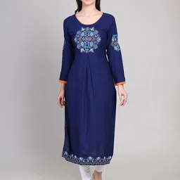 DELIS Ethnic Motifs Yoke Design Round Neck Thread Work Straight Kurta-picture-45