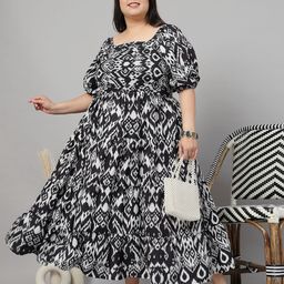 CURVE BY KASSUALLYWomen Abstract Print Puff Sleeve Crepe Fit & Flare Maxi Dress-image-3