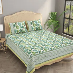 Gulaab Jaipur White & Green Floral 400 TC King Bedsheet with 2 Pillow Covers-75