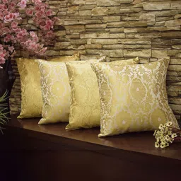 RoyalDeco Gold Toned & Off White 4 Pieces Embroidered Brocade Silk Square Cushion Covers-7