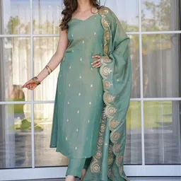 Happy Design Women Ethnic Motifs Embroidered Regular Chanderi Silk Kurta with Trousers & With Dupatta-picture-23
