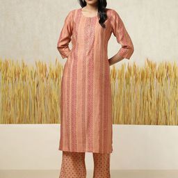 Soch Floral Printed Round Neck Mirror Work Straight Kurta With Trousers-35