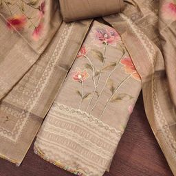 DIVASTRI Women Brown & Red Floral Embroidered Unstitched Silk Kurta & Pant With Dupatta-picture-31