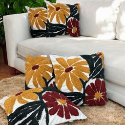 LUSHLYF White & Mustard Set of 5 Quirky Square Cushion Covers-43