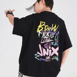 INCLUD Boys Typography Printed Round Neck Drop Shoulder Sleeves Oversized Cotton T-shirt-image-73