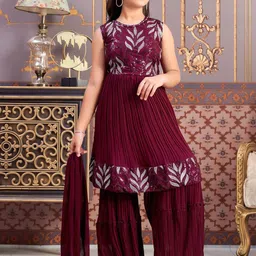 Sangria Girls Embroidered Georgette Sequined Sleeveless Kurta With Sharara & Dupatta-picture-15