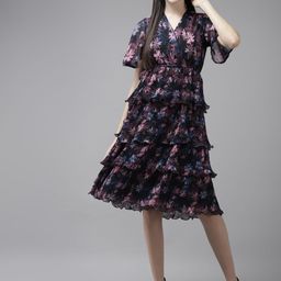 CORSICA Floral Print Flared Sleeve Georgette Fit & Flare Dress-image-123