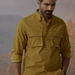 Andamen Casual Men Mustard Sleeve Pocket Detailing Regular Fit Shirt-image-86
