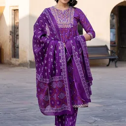 KALINI Bandhani Printed Thread Work Pure Cotton A-Line Kurta With Trouser & Dupatta-0