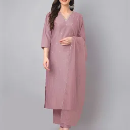 Janasya Floral Embroidered Regular Thread Work Straight Kurta with Trousers & Dupatta-51