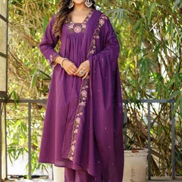 Happy Design Floral Yoke Embroidered A-Line Kurta With Trousers & Dupatta-picture-8