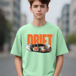 VEIRDO Boys Green & Orange Graphic Printed Pure Cotton Oversized T-Shirt-image-96