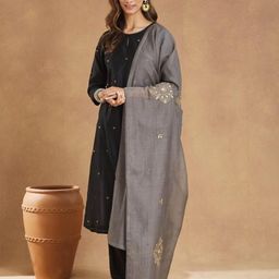 Fabindia Floral Embroidered Sequinned Cotton Silk Dupatta-picture-35