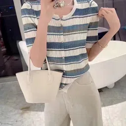 KPOP Women Horizontal Stripes Striped Regular Top-image-85