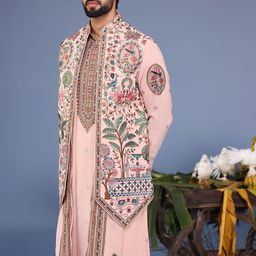 KALPRAAG Men Floral Embroidered Regular Sequinned Kurta with Trousers & With Dupatta image 5