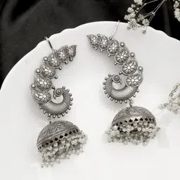 VIVAZS Silver-Plated Artificial Beaded Oxidised Peacock Dome Shaped Jhumkas-44