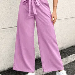 Sugathari Women Textured Relaxed Loose Fit Wrinkle Free Wide Leg Paper Bag Trousers-image-16