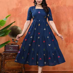 Cloth Bites Embroidered Cotton Fit & Flare Midi Dress-image-14