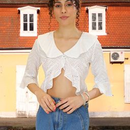 DressBerry Embroidered Peter Pan Collar Bell Sleeve Cotton Schiffli Crop Top-picture-37