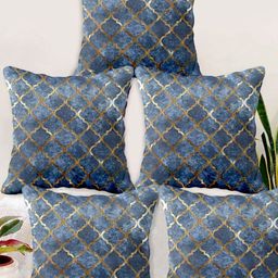 Blue Grass Blue & Gold-Toned 5 Pieces Geometric Velvet Square Cushion Covers-image-18