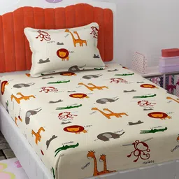 Florida Cream-Coloured & Green Graphic 180 TC Single Bedsheet with 1 Pillow Covers-image-49