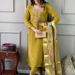 FASHION STROM Floral Embroidered Round Neck Chanderi Silk Kurta & Trousers With Dupatta-image-50