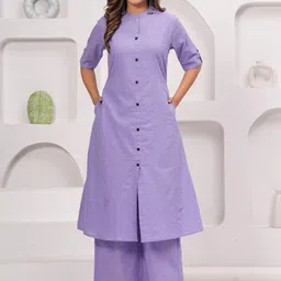KIAARON Striped Mandarin Collar A Line Pure Cotton Kurta With Harem Pants-36