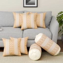 Aura Cream-Coloured & Gold-Toned 7 Pieces Square Cushion & Bolster Covers-17