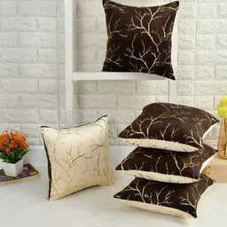 IVAZA Cream-Coloured & Brown Set of 5 Abstract Velvet Square Cushion Covers-2