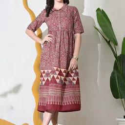 DECKEDUP Women Cotton Ethnic Motifs Printed Shirt Midi Dress-38