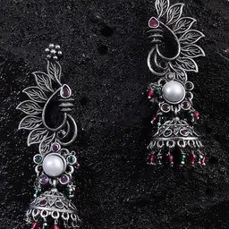 Sangria Silver-Plated Stones Studded And Pearls Dome Shaped Oxidised Jhumkas-37