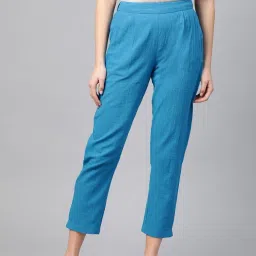 Women Regular Fit Blue Cotton Blend Trousers-image-98
