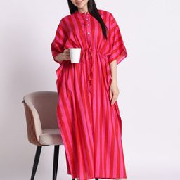 Safeera Women Stripe Printed Cotton Shirt Kaftan Maxi Dress-image-16