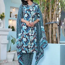 SINGNI Women Floral Printed Regular Pure Cotton Kurta with Trousers & With Dupatta-image-64