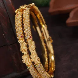 SGA FASHION Set Of 2 Gold-Plated American Diamond Stones Studded Bangles-image-55