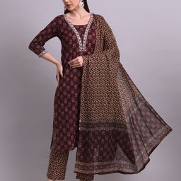 aayusika Women Floral Printed Regular Thread Work Pure Cotton Kurta with Trousers & With Dupatta-image-2