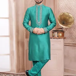 EVASTRO Geometric Yoke Design Thread Work Pure Cotton Straight Kurta with Pyjamas-picture-4