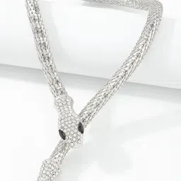KRENOZ Cubic Zirconia & Rhinestone Studded Snake-Design Choker Necklace-37