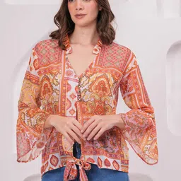 JC4U Women Ethnic Motifs Printed Mandarin Collar Bell Sleeve Georgette Top-picture-28