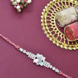MEIRA JEWELLERY Silver-Plated AD Studded Rakhi With Roli Chawal & Greeting Card-image-57