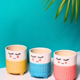 WEAVING HOMES Set of 3 Yellow & Blue Textured Planter-7