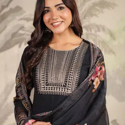 Janasya Women's Black Chanderi Silk Yoke Embroidery Straight Kurta with Pant & Dupatta Set-picture-28